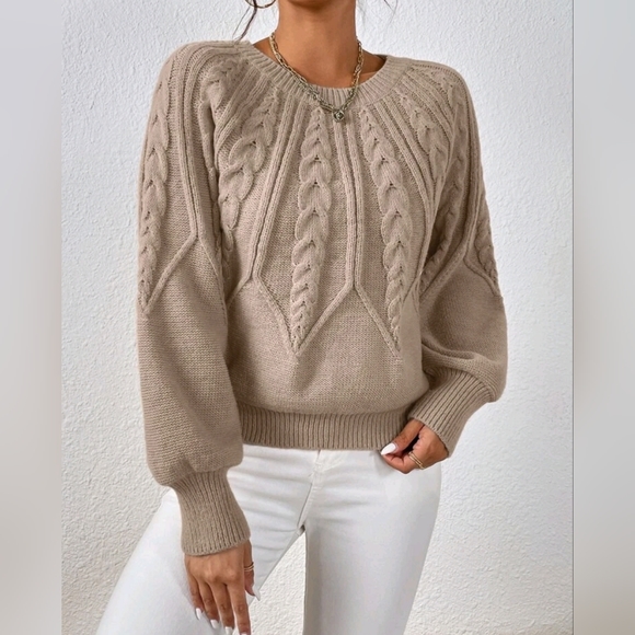 NEW Chic Textured Fair Isle Look Cable Knit Sweater Top Bishop Sleeve Beige - Picture 7 of 9